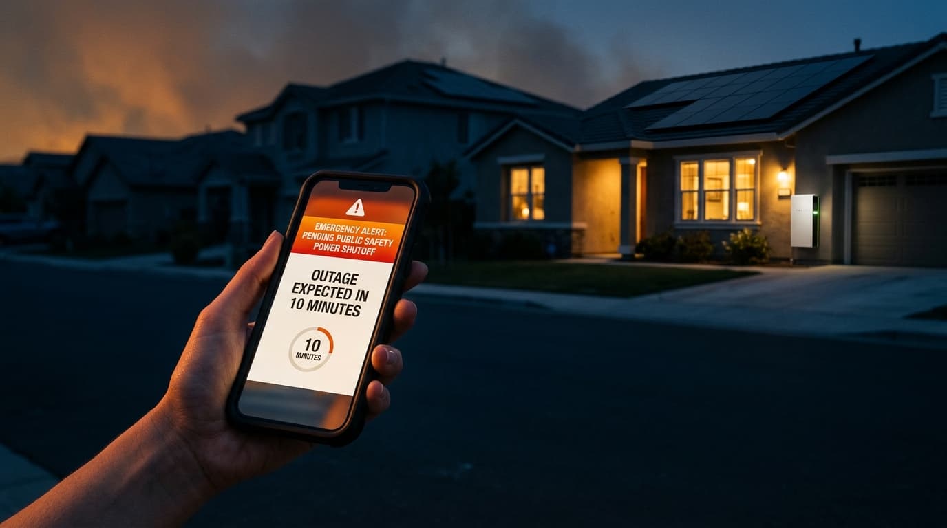 Power outage alert on a phone while a solar-battery home stays powered in Bryan, Texas