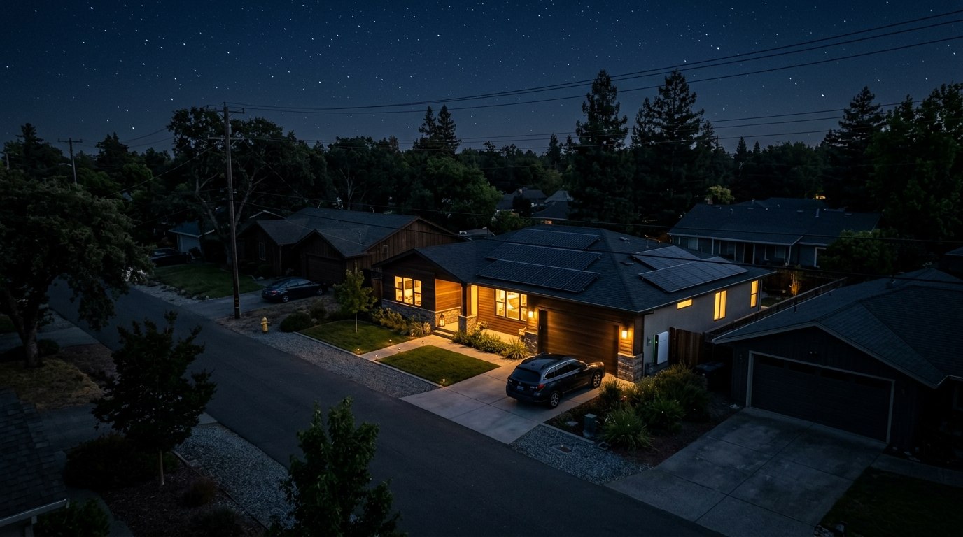 A single home glowing with light during a neighborhood blackout — powered by a VoltSol residential solar and battery storage system while the rest of the street sits dark