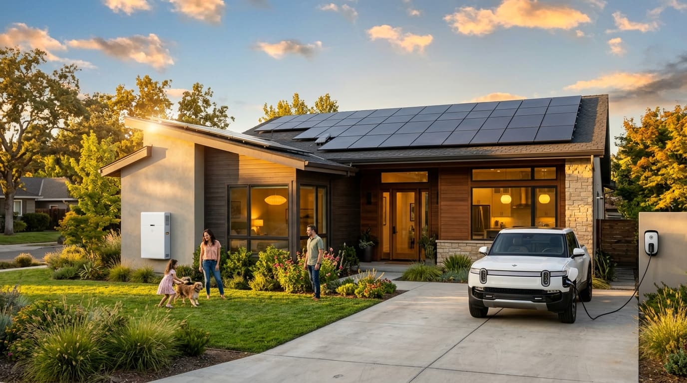 A modern California home running entirely on its own solar and battery power on a bright sunny day — rooftop panels, wall-mounted battery, and an EV charging in the driveway while the family enjoys the yard