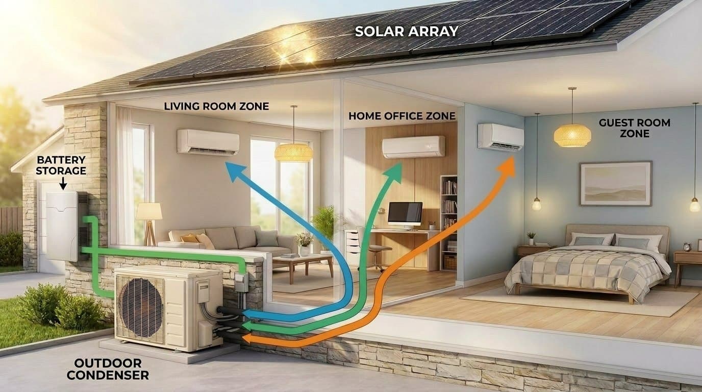 Complete solar, battery storage, and mini-split heating and cooling system: rooftop solar charges battery storage, which powers the outdoor condenser and zoned indoor air handlers across the living room, home office, and guest room.
