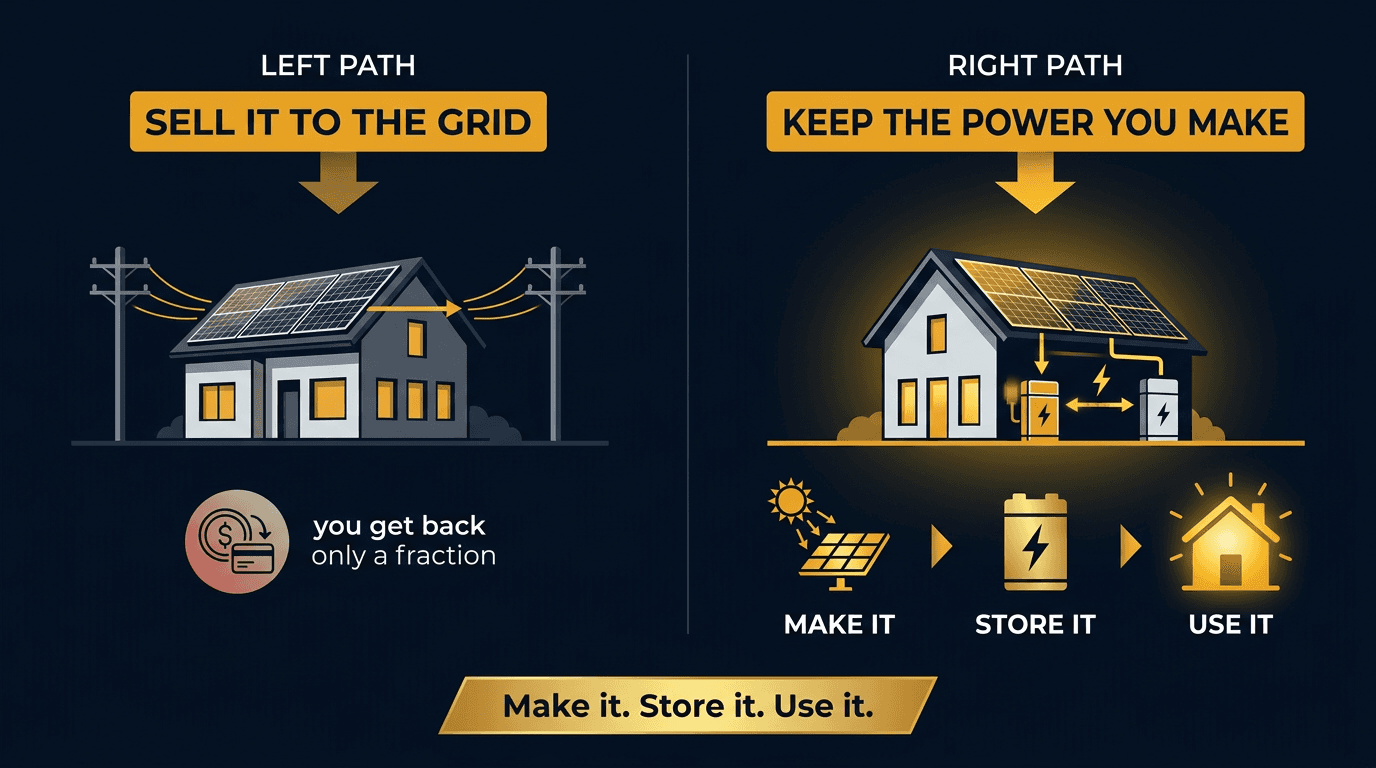 Two paths for home solar: sending power to the grid earns only a fraction of retail value, while keeping it — make it, store it, use it — lets you use the full value of the power you produce